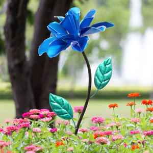 Rose Flower Wind Spinner Garden Stake, Hand Painted in Metallic Blue, 8 by 39 Inches | Shop Garden Decor by Exhart
