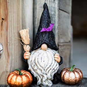 Halloween Witch Hat Gnome with Broom Statue, 11 Inches tall | Shop Garden Decor by Exhart