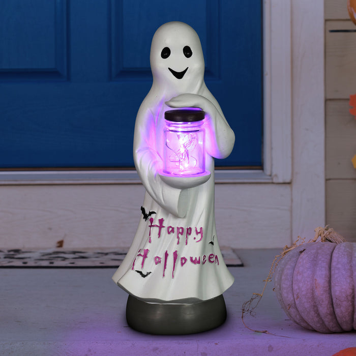 Friendly Ghost Statuary with LED Sparkle Light Jar and Battery Powered Automatic Timer, 13 Inches tall