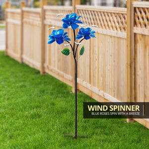 Triple Rose Flower Wind Spinner Garden Stake Hand Painted in Metallic Blue, 20 by 54 Inches | Shop Garden Decor by Exhart