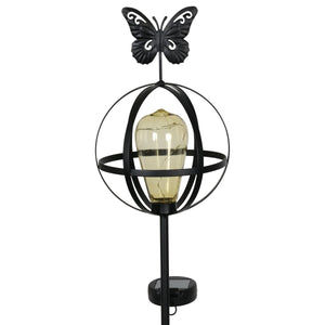 Solar Edison Bulb with LED String Lights in Metal Globe Garden Stake with Butterfly, 7 by 37 Inches