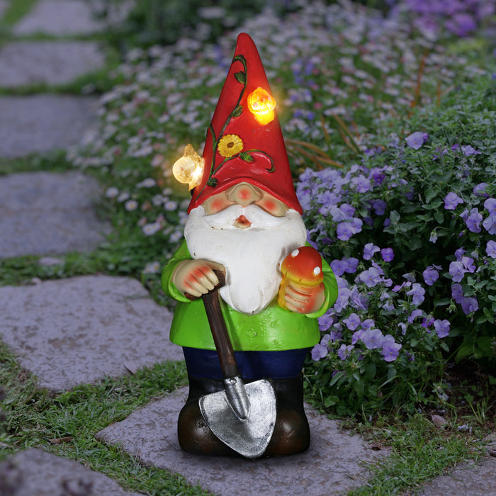 Solar Red Hat Roy Garden Gnome Statue with Shovel, 10 Inch