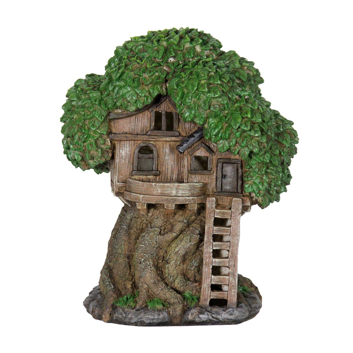 Solar Fairy Tree House with Deck and Ladder Garden Statue,  12 Inch