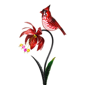 Pink Spinning Flower with Red Cardinal Metal Garden Stake 11.5 by 34 Inches | Shop Garden Decor by Exhart