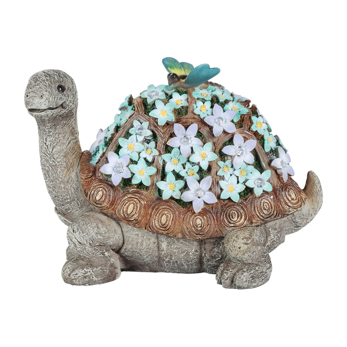 Solar Turtle Statue with Flower Shell, 10 Inch