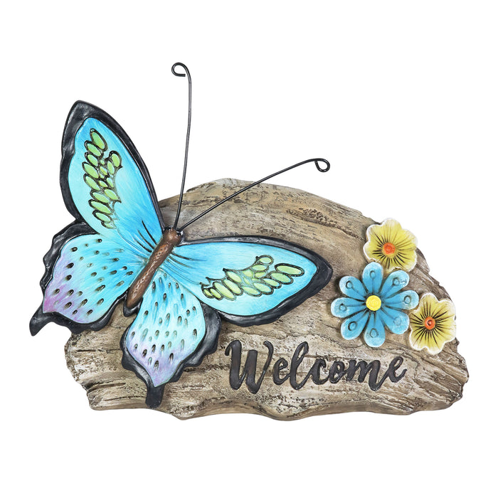 Welcome Blue Butterfly Hand Painted Garden Statuary, 11 by 8 Inch