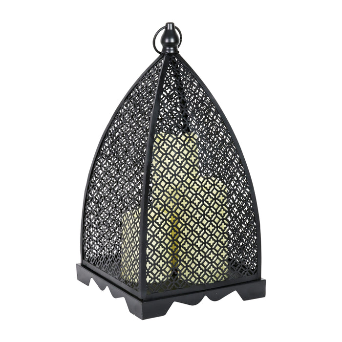 Metal Filigree Lantern with 3 Battery Operated Candles with a Timer, 16 Inch