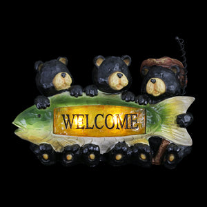 Solar Fisherman Bears with Fish Welcome Sign, 13 by 9 Inches | Shop Garden Decor by Exhart