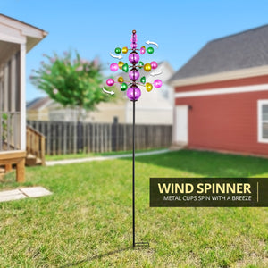 Three Tier Wind Spinner Garden Stake with Glass Crackle Balls in Purple, 14 by 48 Inches | Shop Garden Decor by Exhart