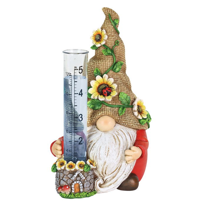 Hand Painted Burlap Hat Garden Gnome Statuary with a Rain Gauge, 5 by 7.5 Inches