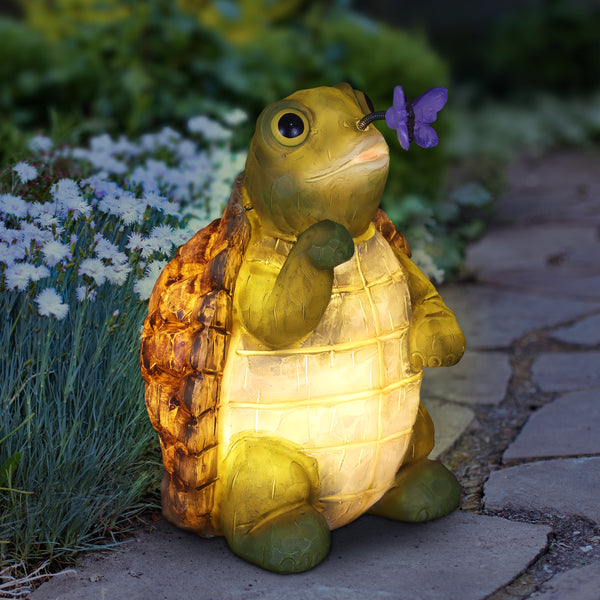 Solar Turtle With Butterfly Garden Statue, 8 Inches Tall