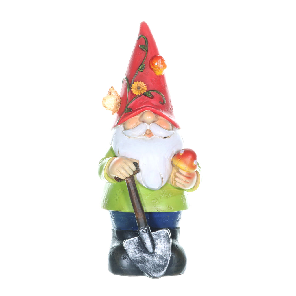 Solar Red Hat Roy Garden Gnome Statue with Shovel, 10 Inch