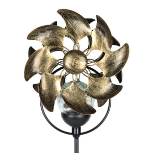 Solar Double Windmill Wind Spinner Garden Stake in a Bronze Finish with Crackle Glass Details, 7 by 43 Inches | Exhart