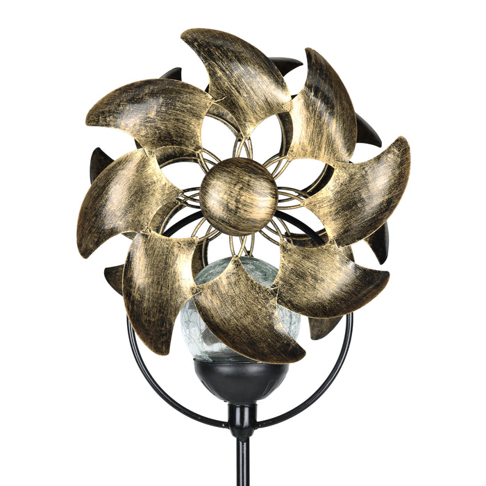 Solar Color Changing Double Windmill Wind Spinner Garden Stake in a Bronze Finish with Crackle Glass Details, 7 by 43 Inches