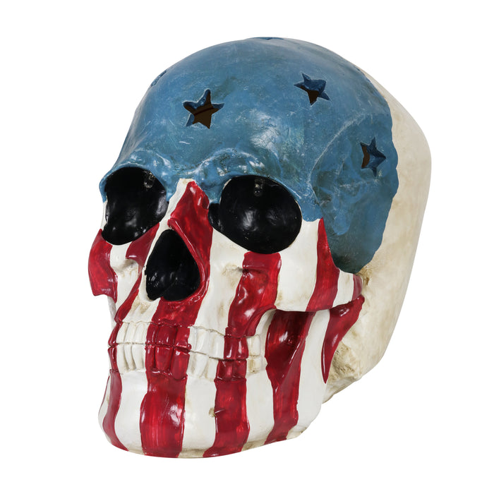Battery-Operated Skull With USA Flag and Alternating Color LEDs, 8 Inch
