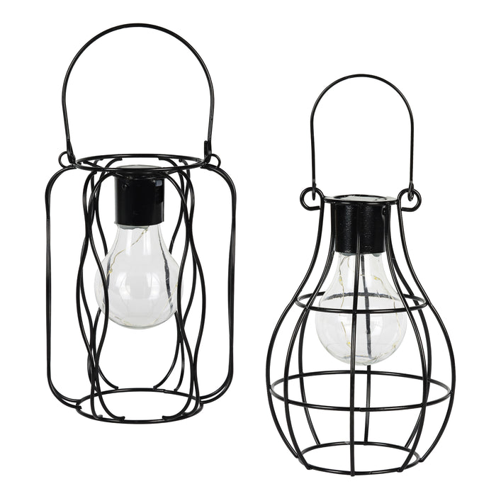 2 Piece Solar Black Metal Lanterns for Tabletop or Hanging, 4.5 by 10 Inches