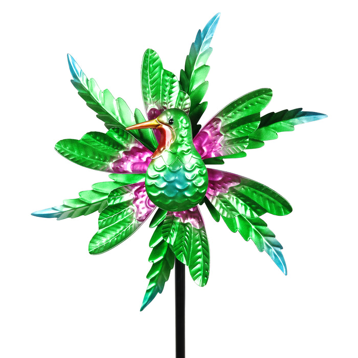Metallic Green Kinetic Hummingbird Garden Stake with Double Spinning Feathers, 19 by 63 Inches