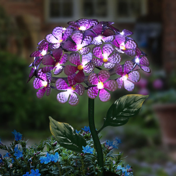 Solar Metal Hydrangea Garden Stake in Pink with Twenty Six LED lights, 7 by 21 Inches