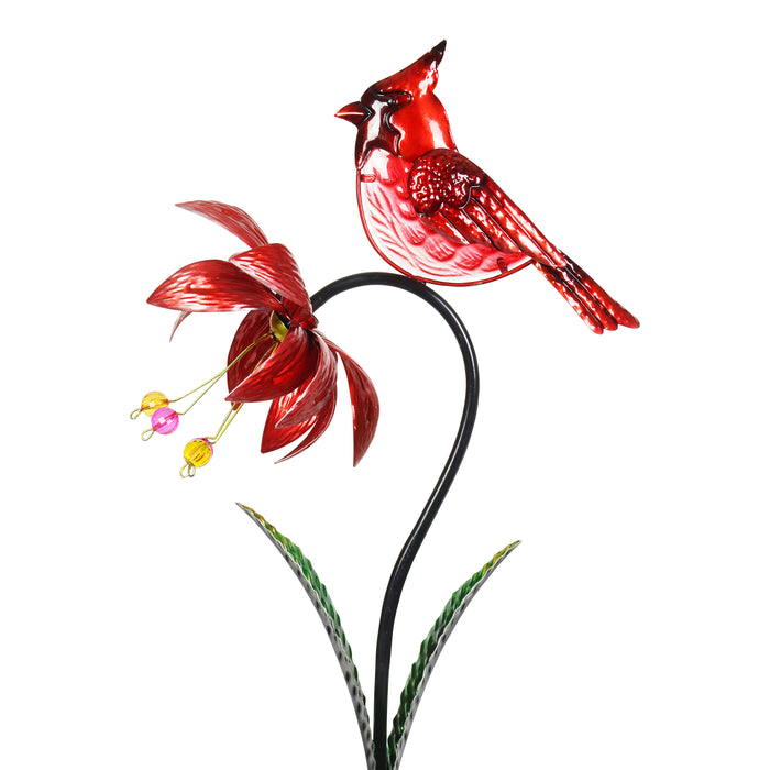 Pink Spinning Flower with Red Cardinal Metal Garden Stake 11.5 by 34 Inches
