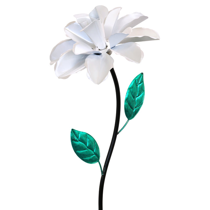 Rose Flower Wind Spinner Garden Stake, Hand Painted in Metallic White, 8 by 39 Inches
