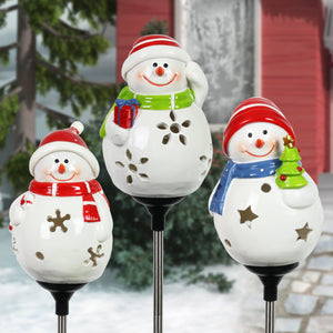 3 Piece Set Solar Holiday Snowmen Garden Stake Assortment, 5 by 30 Inches
