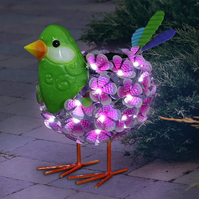 Solar Pink Metal Song Bird with 38 LEDs in a Flower Body Garden Statue, 6 by 7.5 Inches
