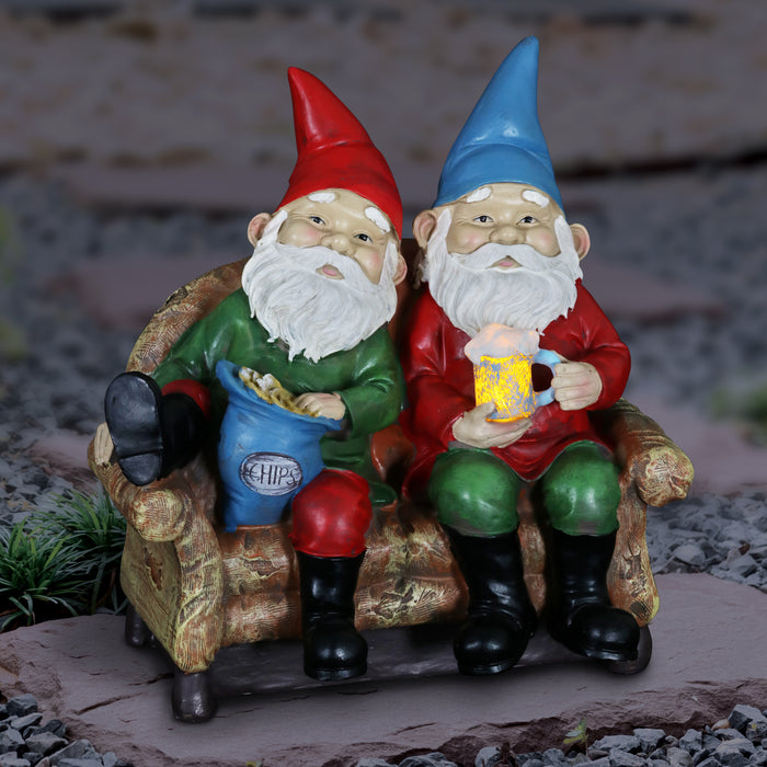 Solar Good Time Lazy Couch Potato Gnomes Eating Chips and Drinking Beer Garden Statue, 10 Inch