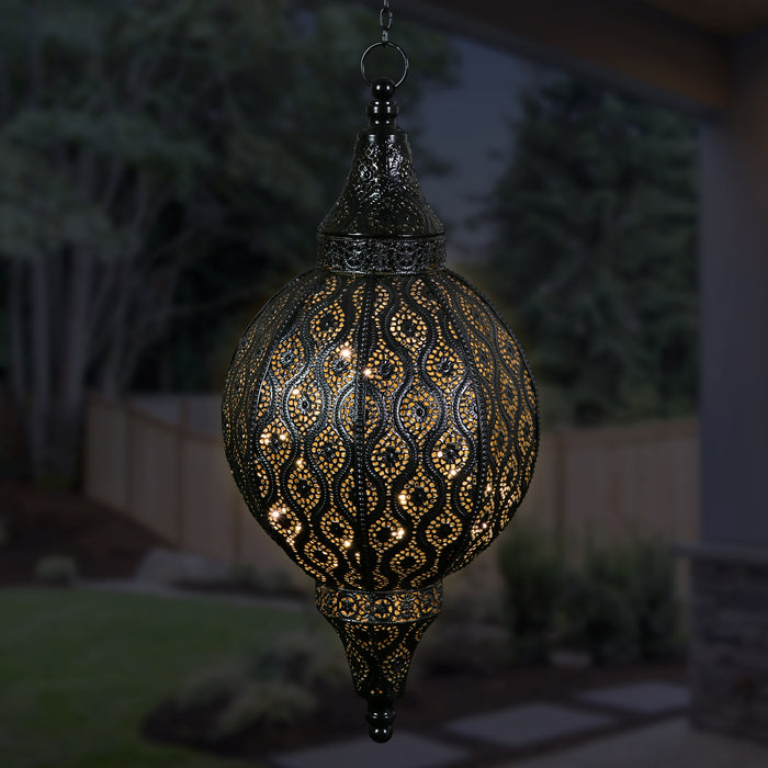 Battery Powered Hanging Metal Filigree LED Lantern with 5 Hour Timer, 22 Inches