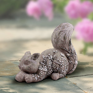 Solar Grey Squirrel Statue with Flowers, 13 by 10 Inch
