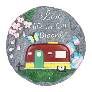 Vintage Trailer Garden Stepping Stone reads "Live Life in Full Bloom", 10 Inch | Shop Garden Decor by Exhart