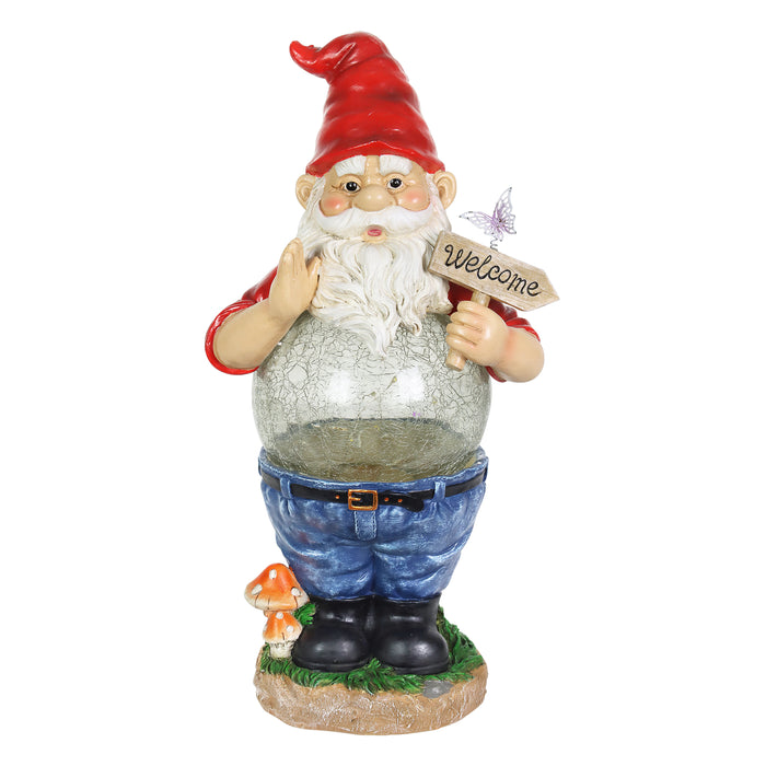 Solar Gnome with Crackle Ball Belly Garden Statuary, 16 Inches tall