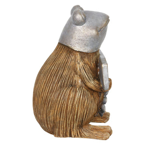 Welcome Sign Garden Frog Statue in a Wood Look with Silver Detail, 11 Inch