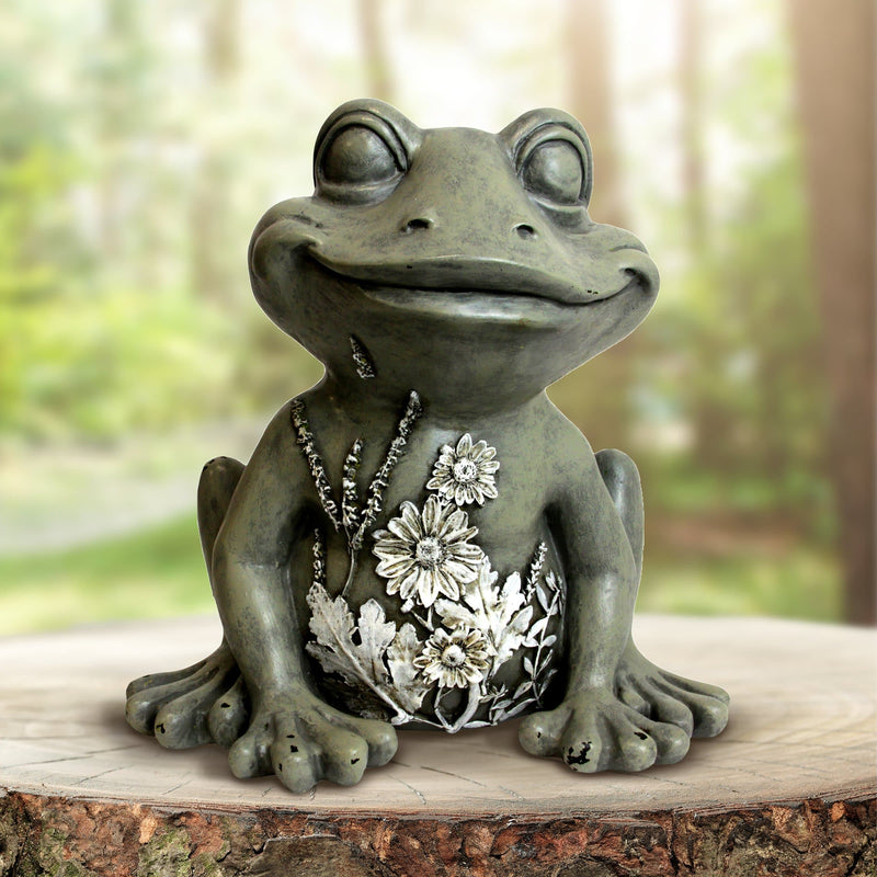 Solar Frog Garden Statue with Flowers, 11 Inch