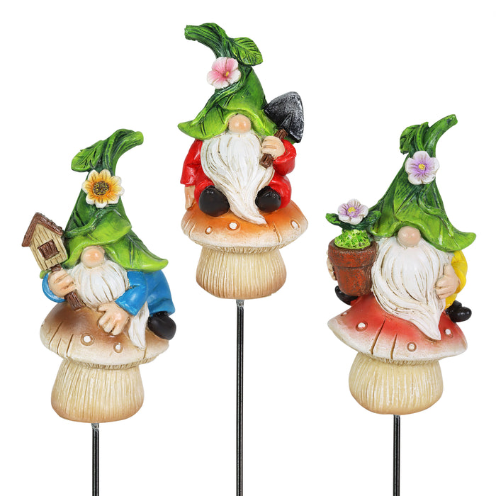 3 Piece Set of Leaf Hat Gnomes Sitting on Mushrooms Pot Stakes, 2 by 9 Inches