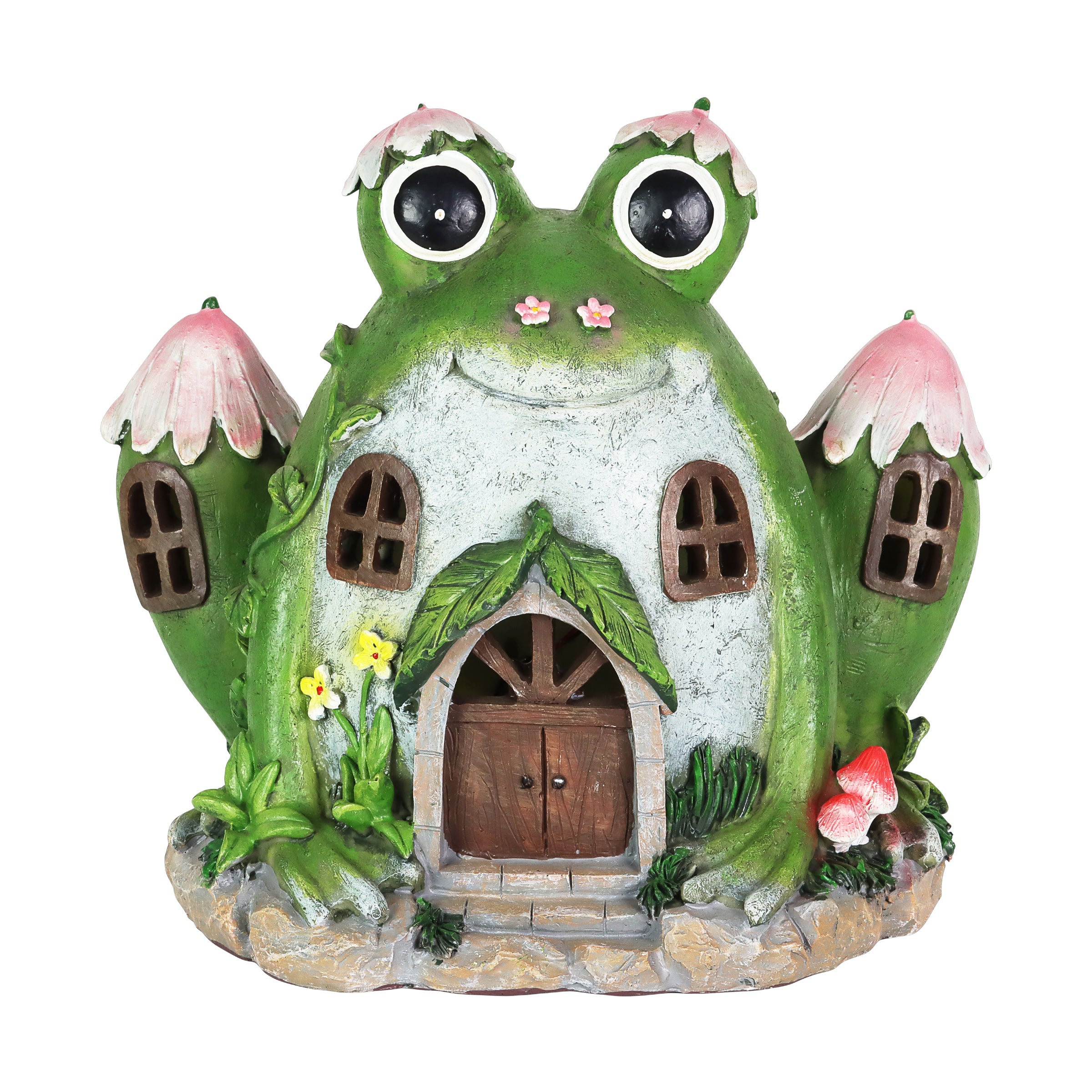 Solar Hand Painted Frog Fairy Garden House Statue