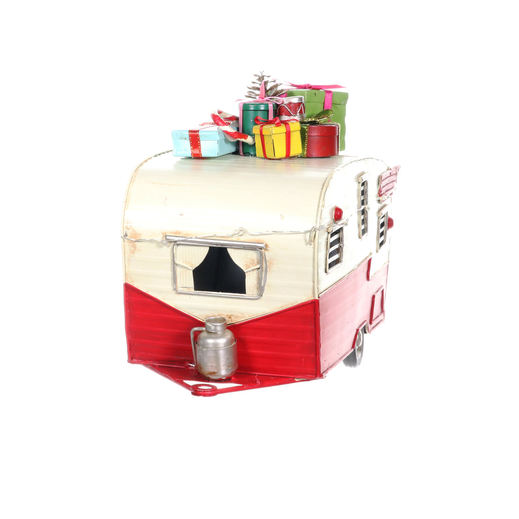 Battery Powered Holiday Gift Trailer Statue with LEDs on a Timer, 7.5 by 11.5 Inches