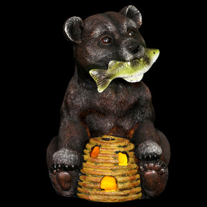 Solar Bear with a Fish and Bee Hive Garden Statue, 12 Inch | Shop Garden Decor by Exhart