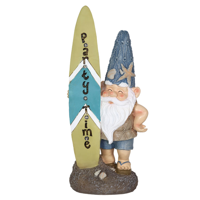 Solar Good Time Surfing Beach Bum Bob Gnome with a Party Time Surfboard Garden Statue, 18 Inch