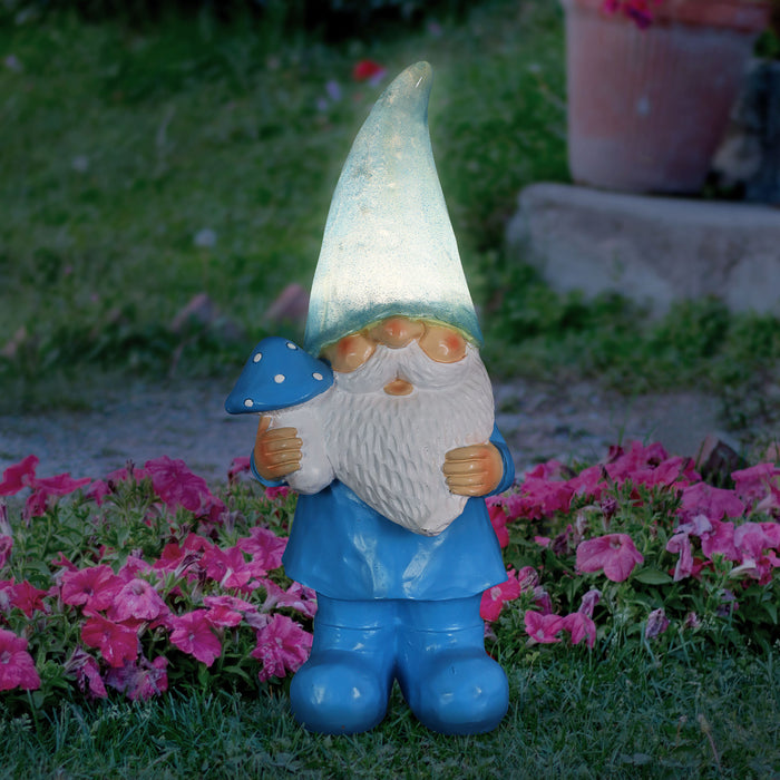 Solar Blue Woodland Garden Gnome with Mushroom Statuary, 11 Inch
