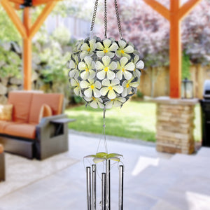 Solar Hanging White Hydrangea Flower Ball Wind Chime with Thirty Eight LED lights, 6 by 27 Inches | Exhart