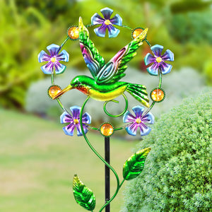 Solar Flower Wreath with Hummingbird Center Metal Garden Stake, 8 by 36.5 Inches | Shop Garden Decor by Exhart