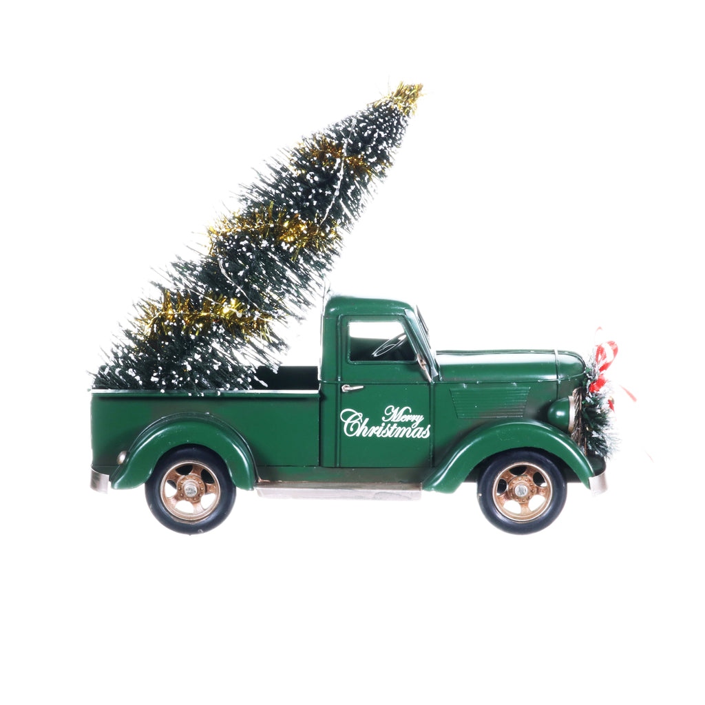 Merry Christmas LED Green Vintage Holiday Truck Statue with a Battery Powered Timer, 14.5 by 6.5 x 14 Inches