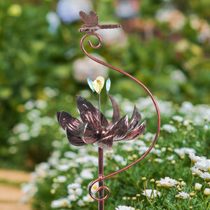 Kinetic Lotus with Dragonfly Bronze Spinner Garden Stake, 8 by 42.5 Inches | Shop Garden Decor by Exhart