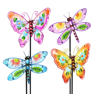 Set of 4 Painted Glass and Metal Butterfly and Dragonfly Garden Stakes, 9 Inch | Shop Garden Decor by Exhart