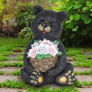 Solar Bear with Flower Basket Garden Statue, 10 by 14 Inches | Shop Garden Decor by Exhart