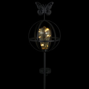 Solar Edison Bulb with LED String Lights in Metal Globe Garden Stake with Butterfly, 7 by 37 Inches