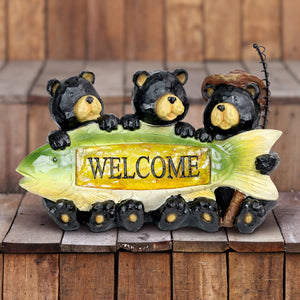 Solar Fisherman Bears with Fish Welcome Sign, 13 by 9 Inches | Shop Garden Decor by Exhart