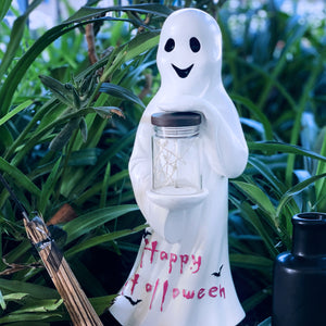Friendly Ghost Statuary with LED Sparkle Light Jar and Battery Powered Automatic Timer, 13 Inches tall | Exhart