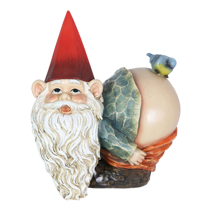 Solar Good Time Mooning Murry Gnome with a Bird Garden Statue, 13 Inches