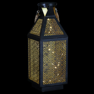 Black Metal Filigree Lantern with Twenty LED Lights on a Battery Timer, 16 Inch | Shop Garden Decor by Exhart
